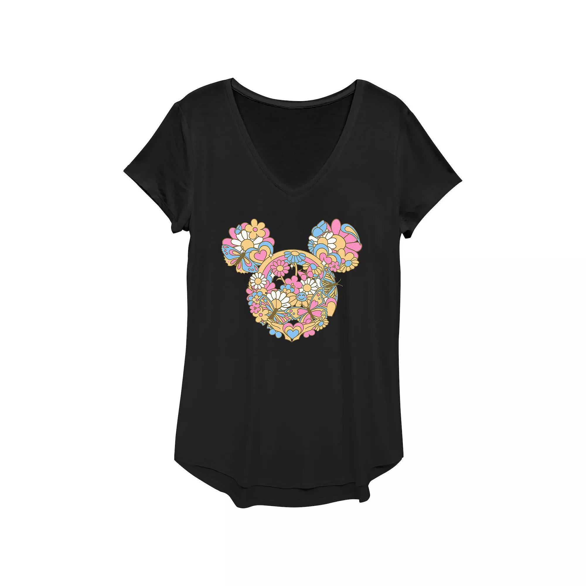Disney's Mickey Mouse Women's Flowers And Butterflies Head Graphic Tee,  Product Image