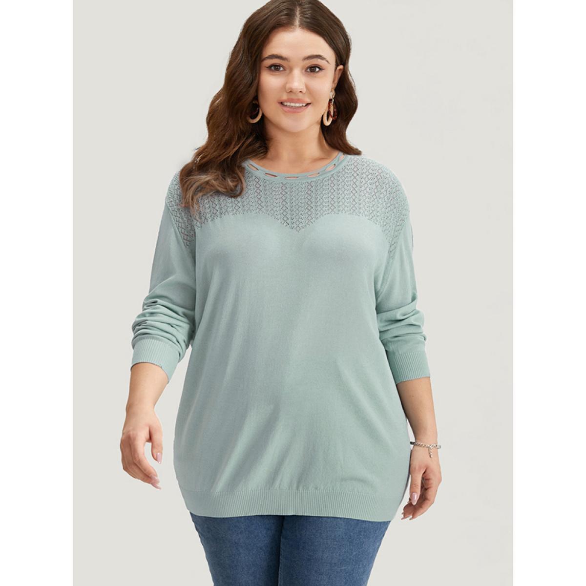 Plus Size Plain Eyelet Patchwork Drop Shoulder Pullover LightBlue Women Casual Loose Long Sleeve Round Neck Dailywear Pullovers BloomChic 26/4X Product Image