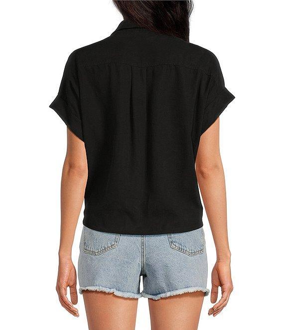 Cloth & Stone Woven Trimmed Short Roll Cuff Sleeve Point Collar Button Tie Front Top Product Image