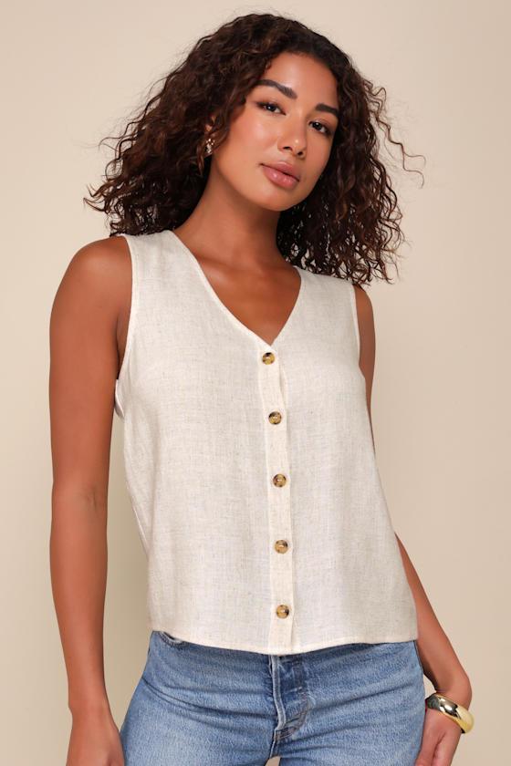 Casually Sophisticated Beige Linen Sleeveless Button-Front Top Product Image