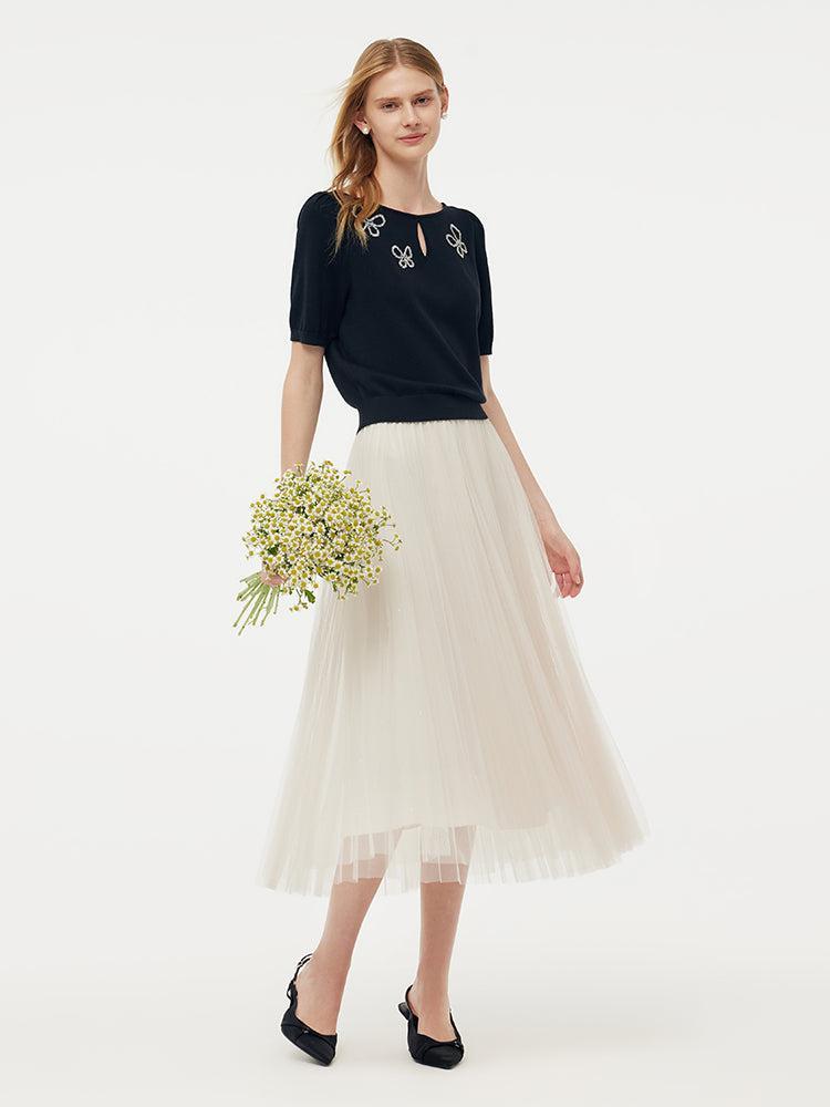 Tencel Knit Top And A-Line Mesh Skirt Two-Piece Set Product Image