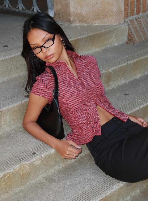 Meryn Ruched Top Red Check Product Image