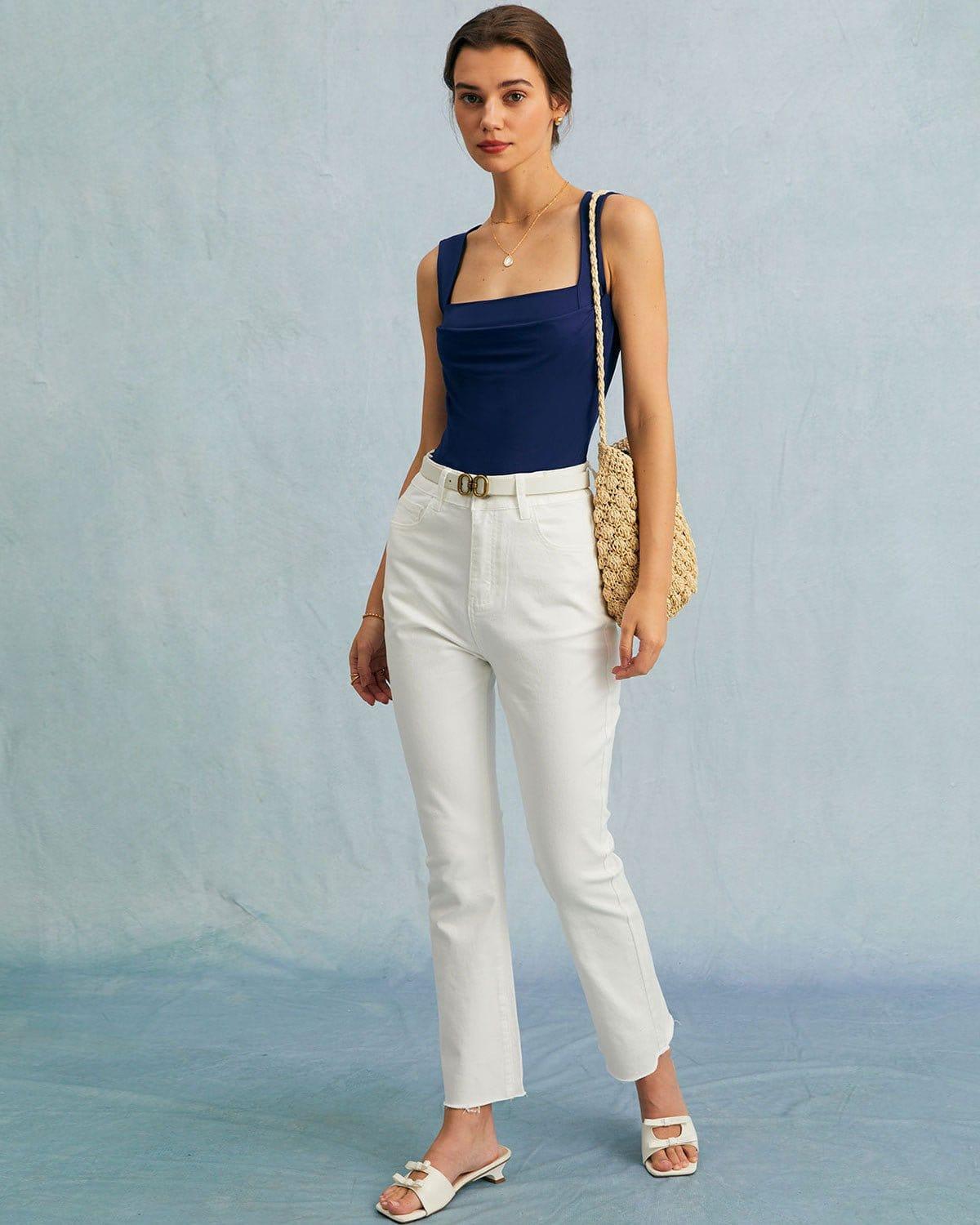 The Navy Square Neck Ruched Tank Top Product Image