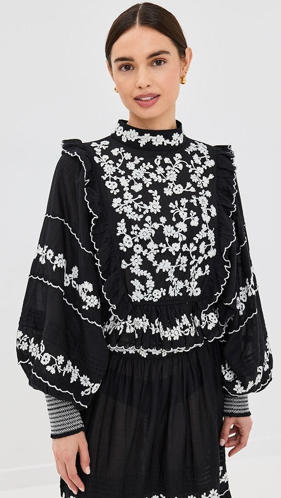 FARM Rio Black Embroidered Ruffle Longe Sleeve Blouse | Shopbop Product Image