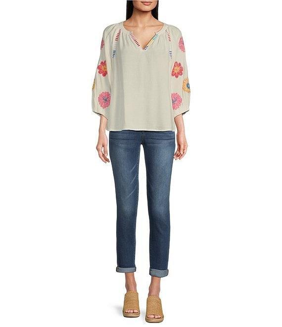 Tru Luxe Jean Split V-Neck 3/4 Sleeve Embroidered Popover Top Product Image