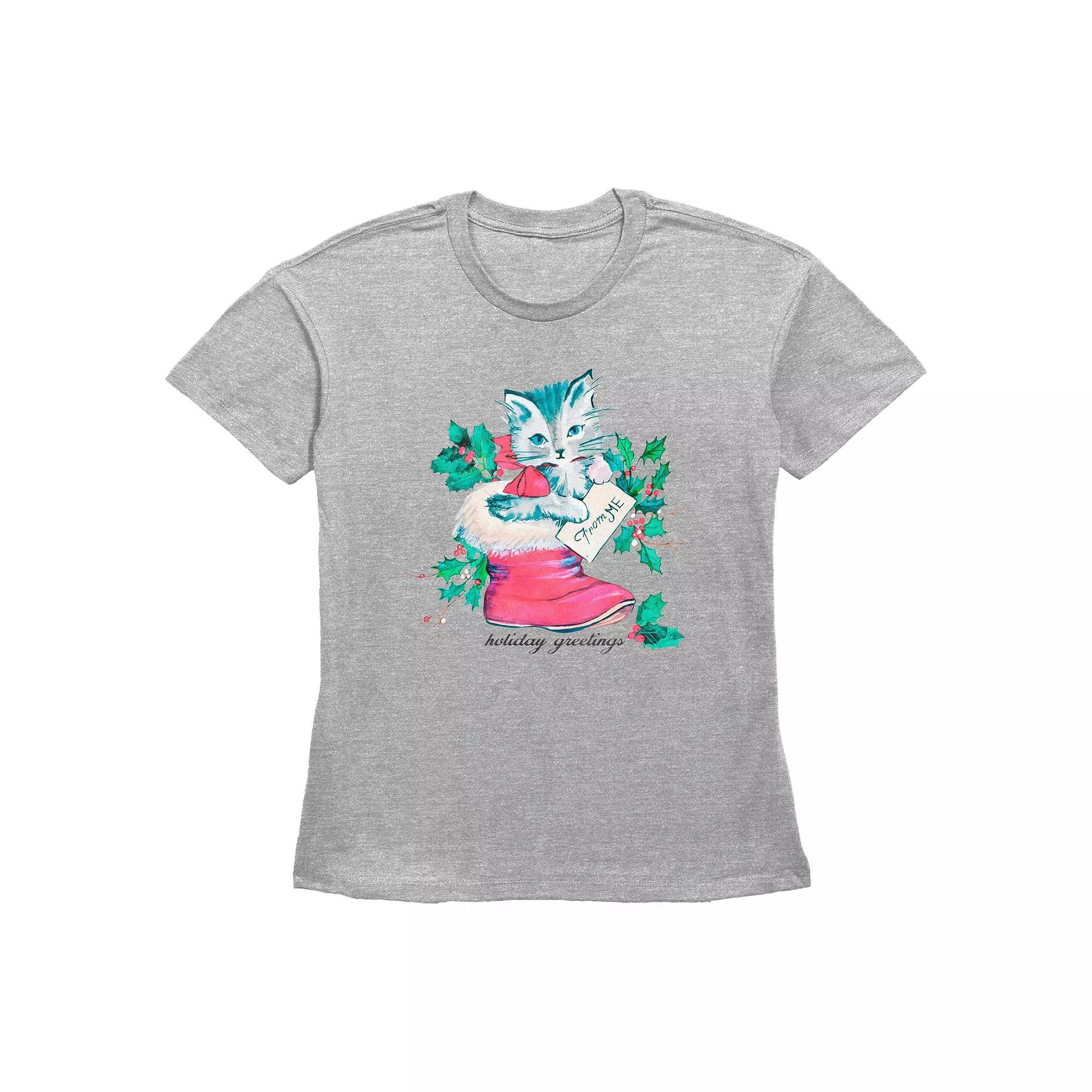 Women's Holiday Greetings Christmas Kitty Stocking Stuffer Graphic Tee, Size: XS, Grey Gray Product Image