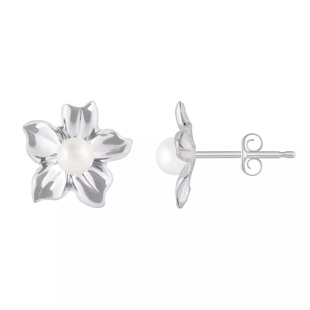 Celebration Gems 10k White Gold Sphere Gemstone Hibiscus Flower Stud Earrings, Women's, Freshwater White Product Image