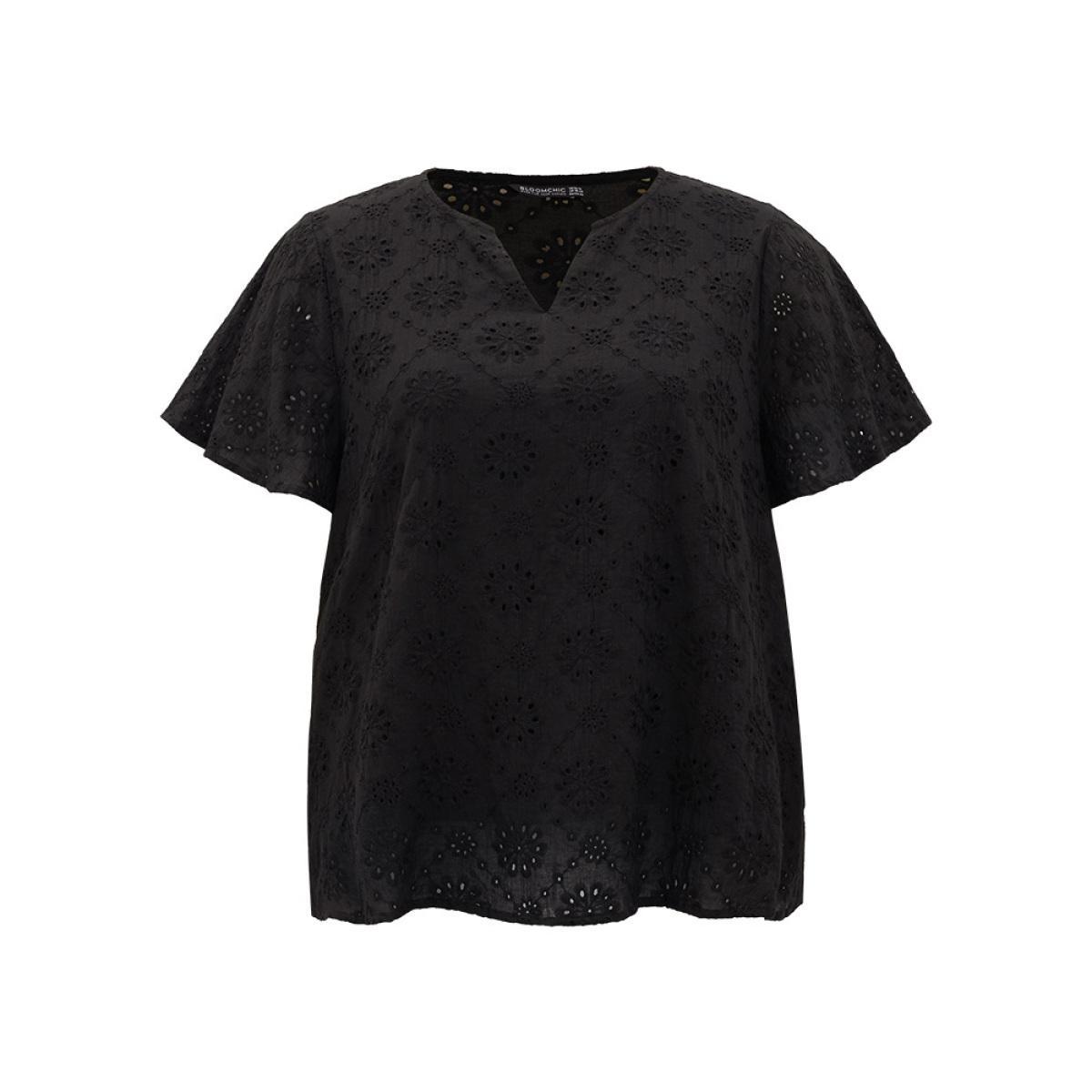 Plus Size Black Solid Broderie Anglaise Notched Ruffle Sleeve Blouse Women Vacation Short sleeve Notched collar Dailywear Blouses BloomChic 14-16/1X Product Image