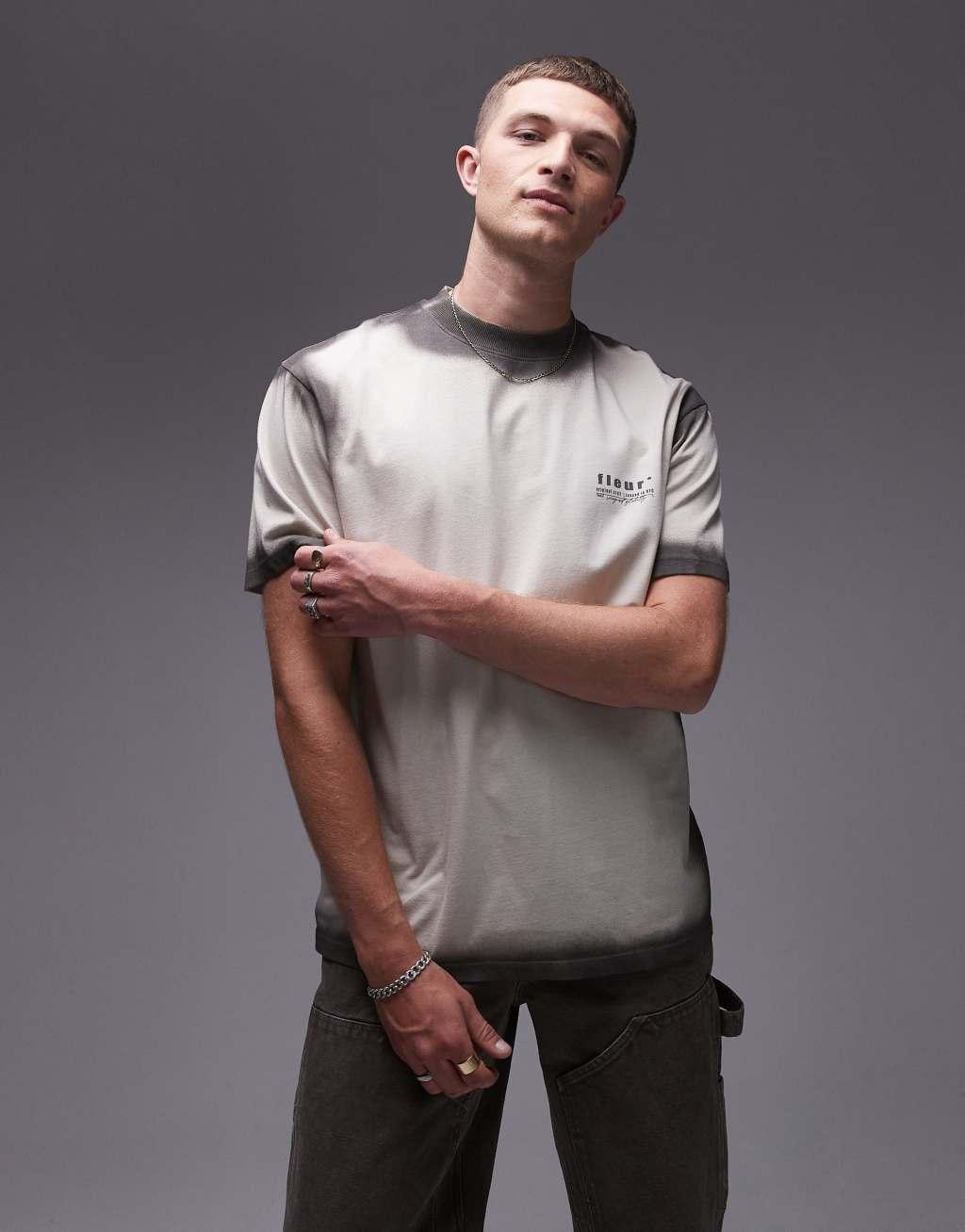 Topman oversized fit fleur oil wash T-shirt in ecru Product Image