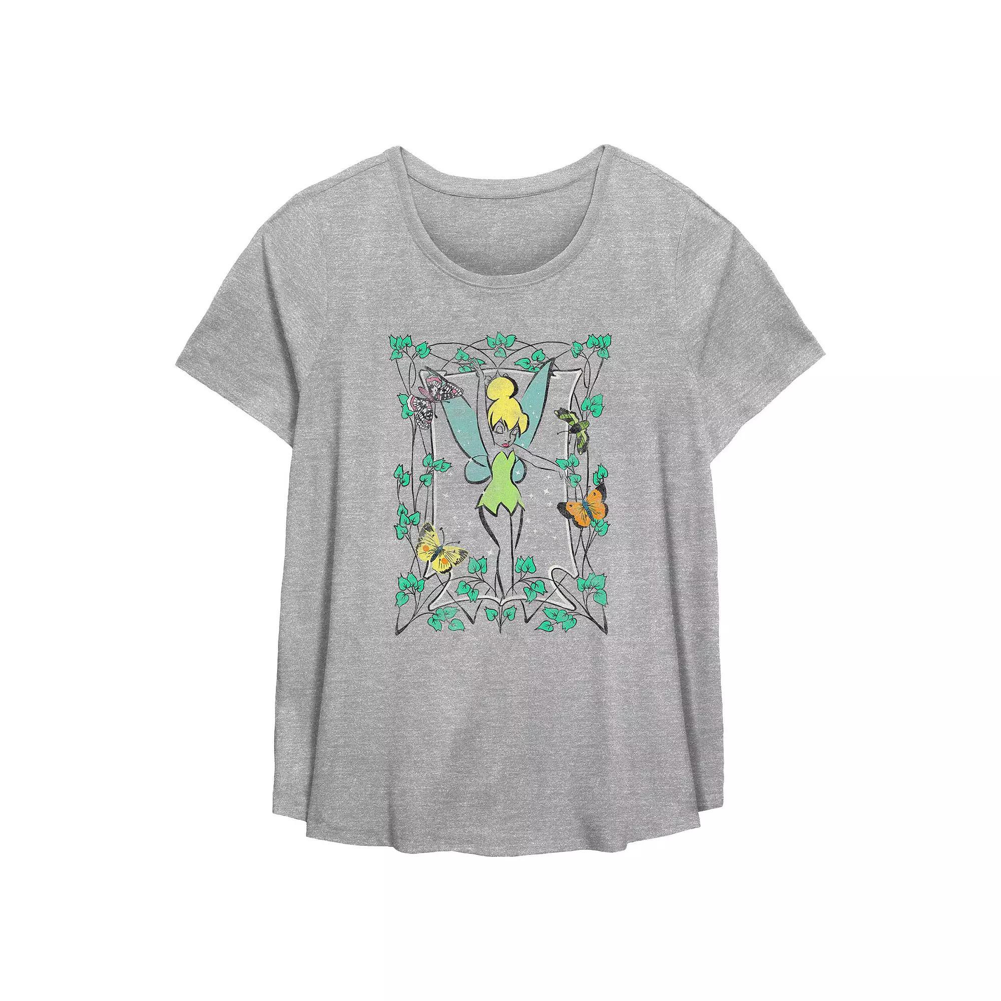 Disney's Tinker Bell Leaves And Butterflies Frame Plus Size Flowy Graphic Tee, Women's, Size: 2XL, Grey Gray Product Image