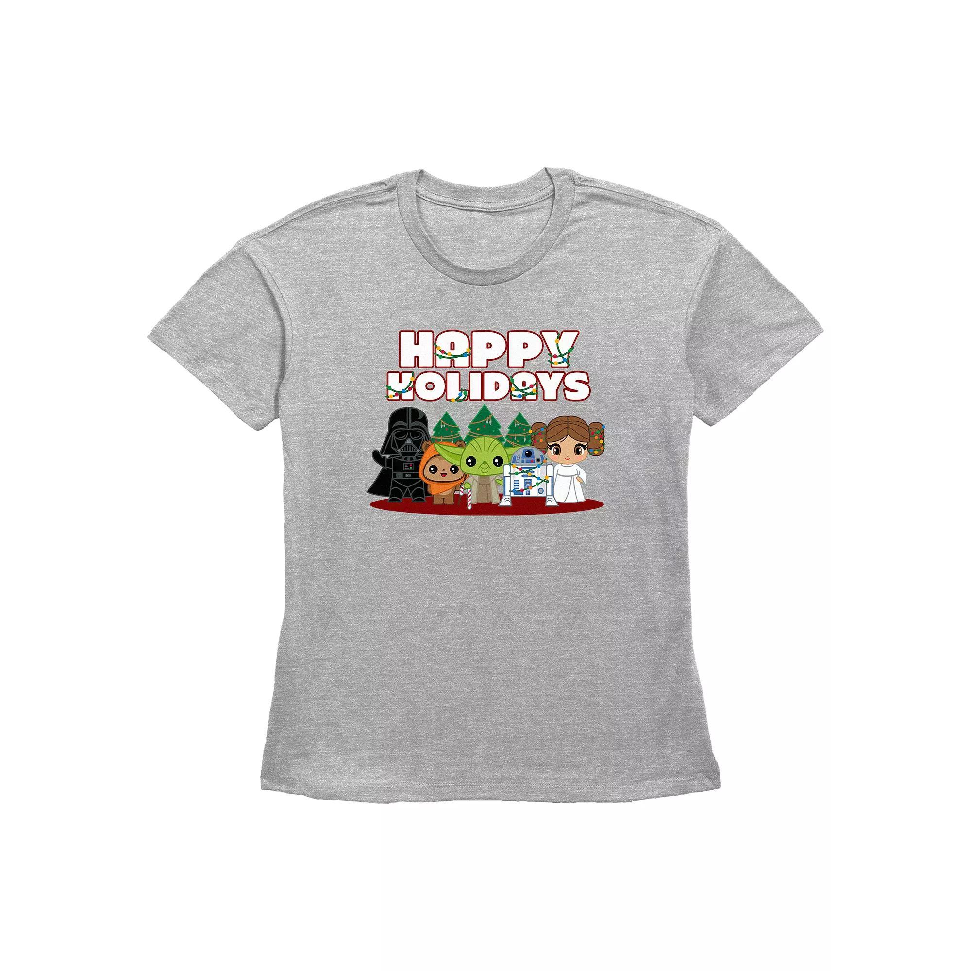 Women's Star Wars Characters Happy Holidays Graphic Tee, Size: Small, Grey Gray Product Image