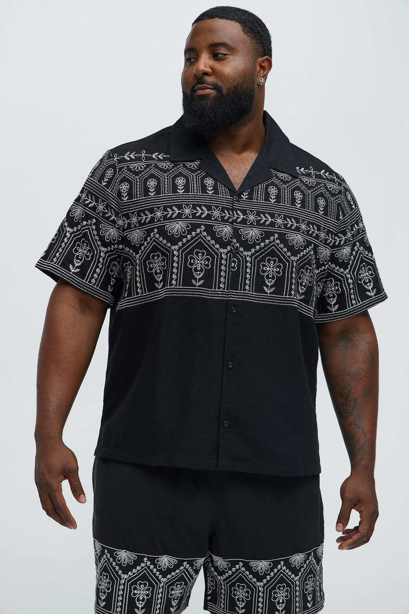 Embroidered Floral Cuban Collar Button Up Shirt - Black/combo Male Product Image