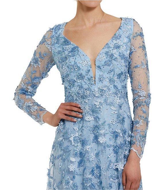 Mac Duggal Floral Applique Split V-Neck Illusion Long Sleeve Gown Product Image