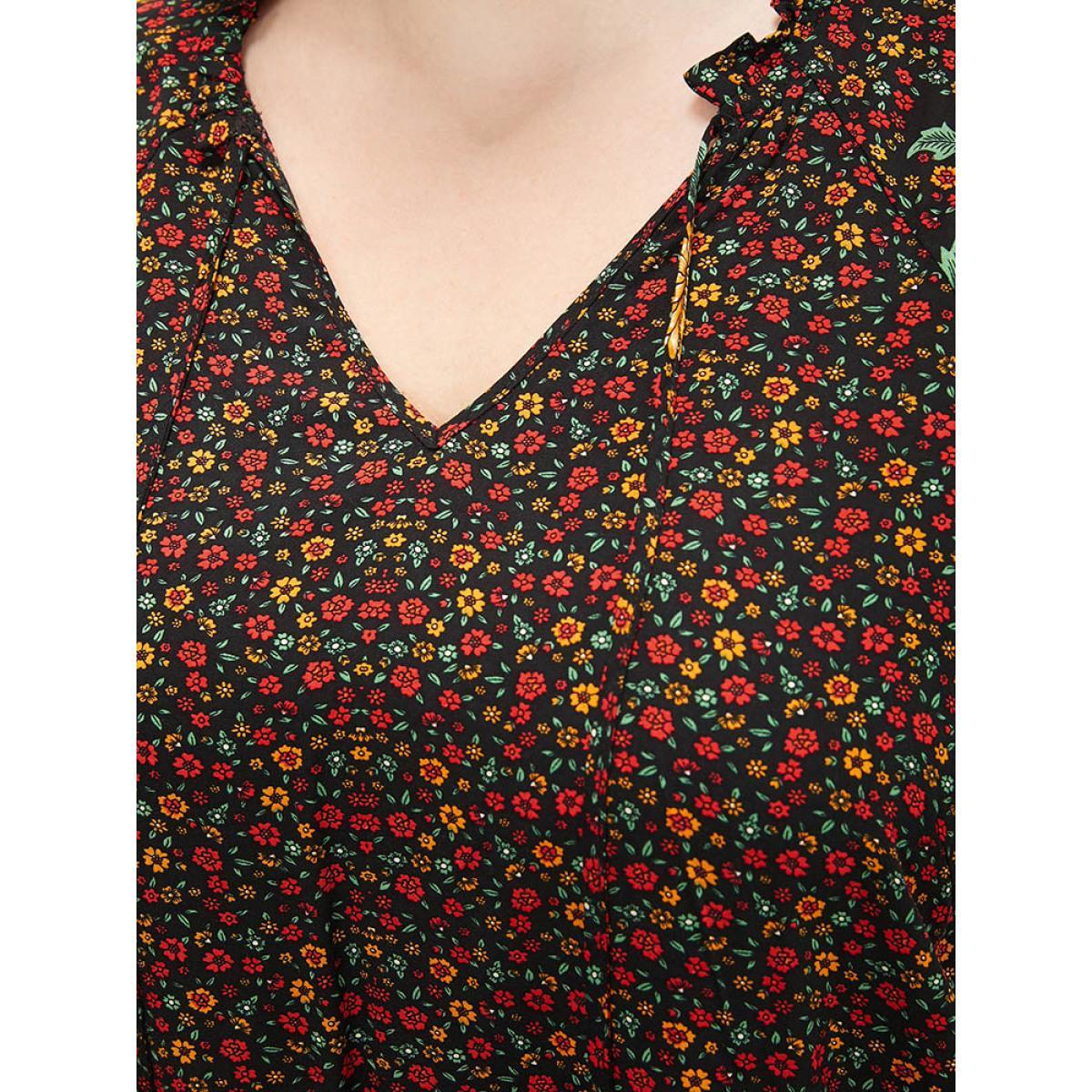 Plus Size Black Ditsy Floral Tie Neck Ruffles Raglan Sleeve Blouse Women Vacation Short sleeve V-neck Dailywear Blouses BloomChic 14-16/1X Product Image