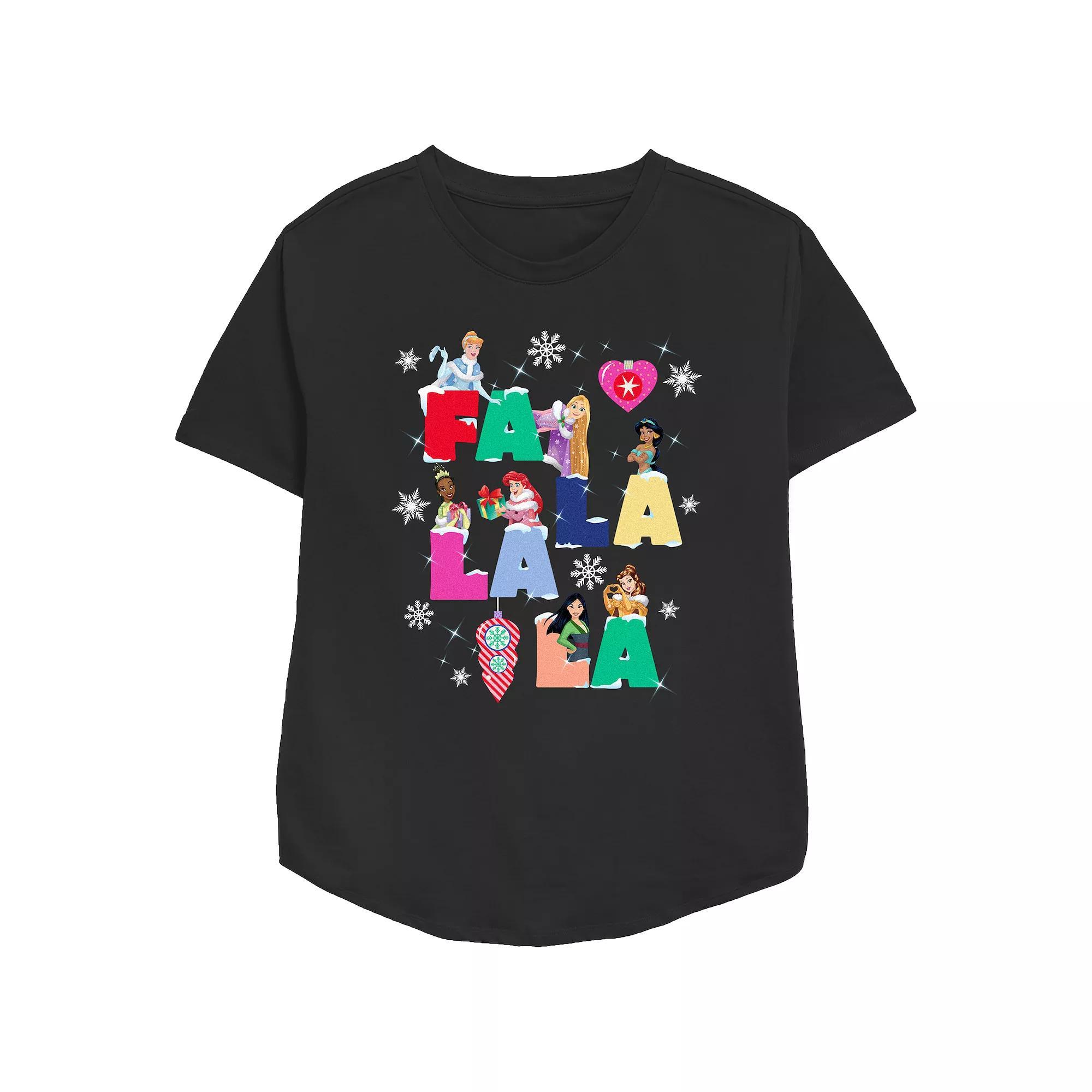Disney Princess Cinderella, Rapunzel, Jasmine, Tiana, Ariel, Mulan & Belle Fa La La La Christmas Singing Women's Relaxed Fit Graphic Tee,  Product Image