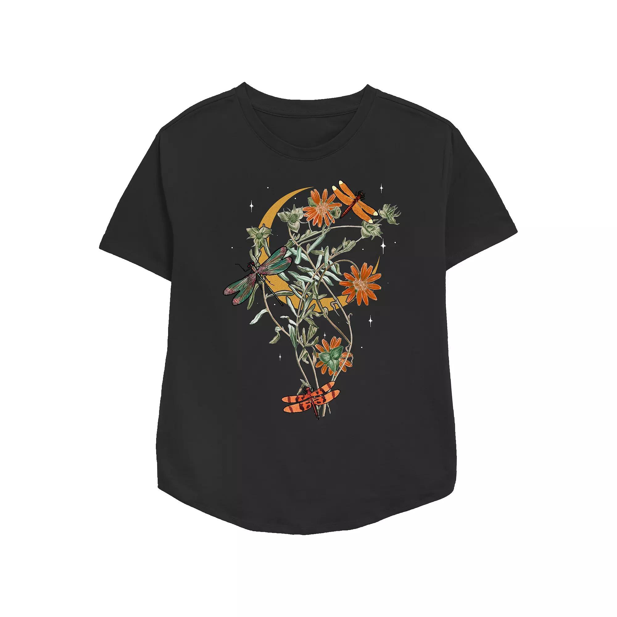 Women's Fall Floral Dragonfly Relaxed Fit Graphic Tee, Size: Small, Black Product Image