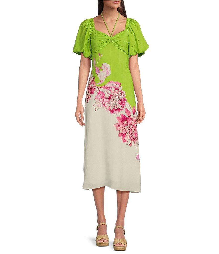 Alex Marie Monroe Floral Short Puff Sleeve Sweetheart Halter Tie Neck A-Line Midi Dress Product Image