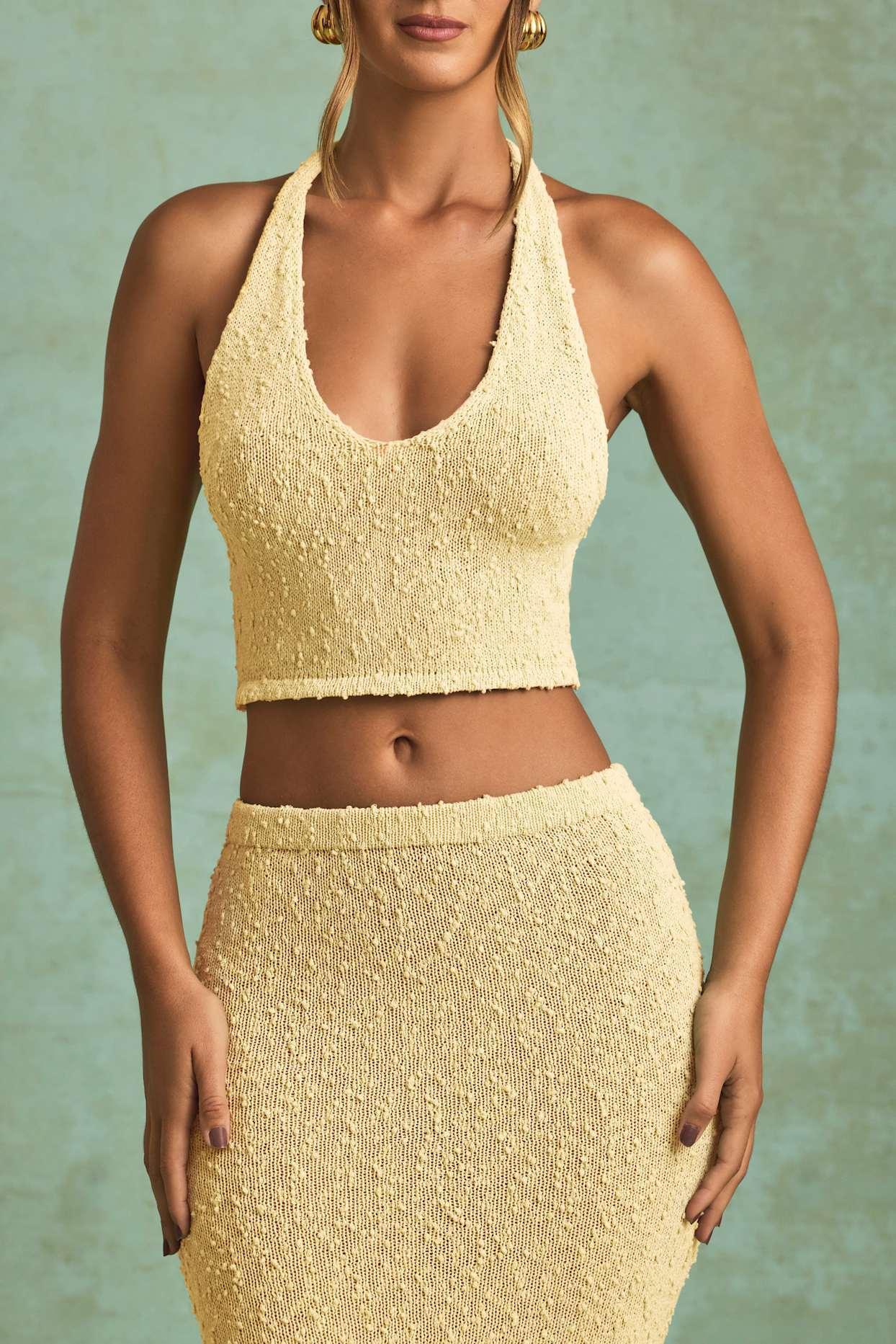 Bouclé Halterneck Crop Top in Yellow Product Image