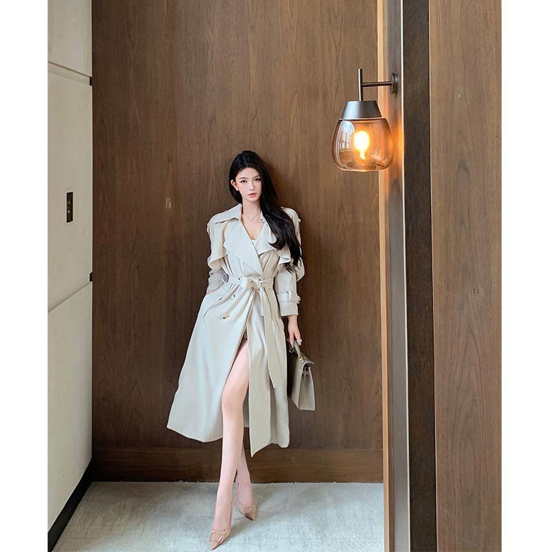 Lapel Collar Plain Double-Breasted Long Trench Coat Product Image