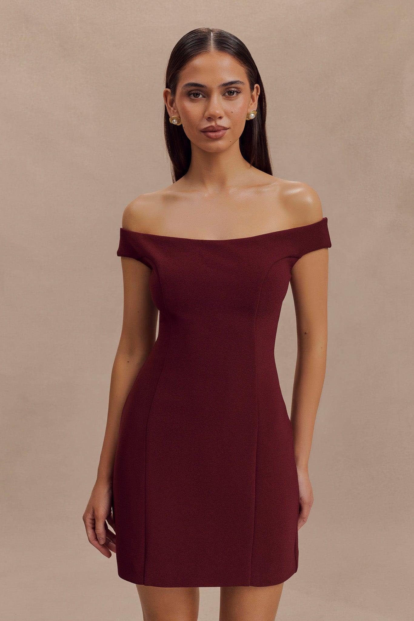 Cassidy Crepe Off Shoulder Mini Dress - Merlot Product Image