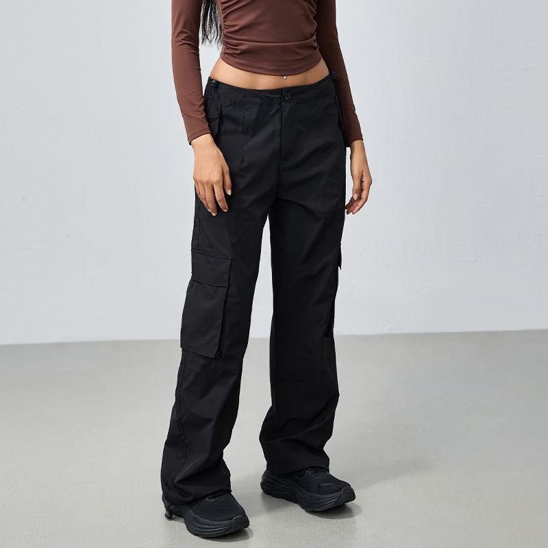 Drawstring Waist Plain Straight Leg Cargo Pants Product Image