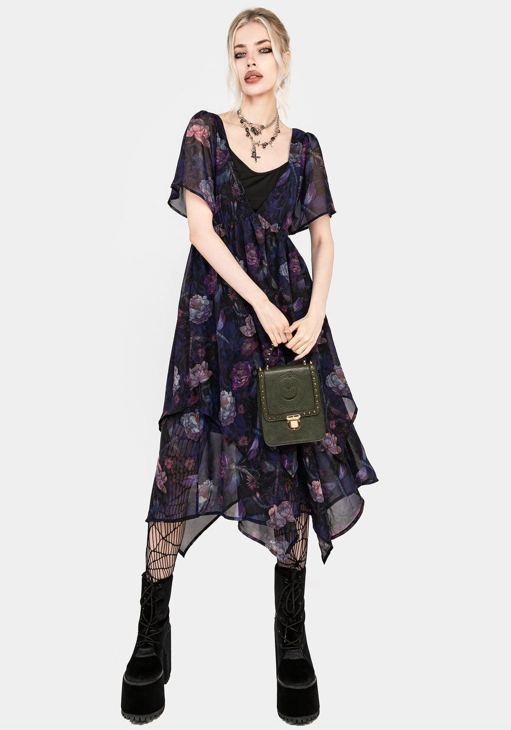 Dragonfly Floral Print Chiffon Handkerchief Hem Dress Product Image