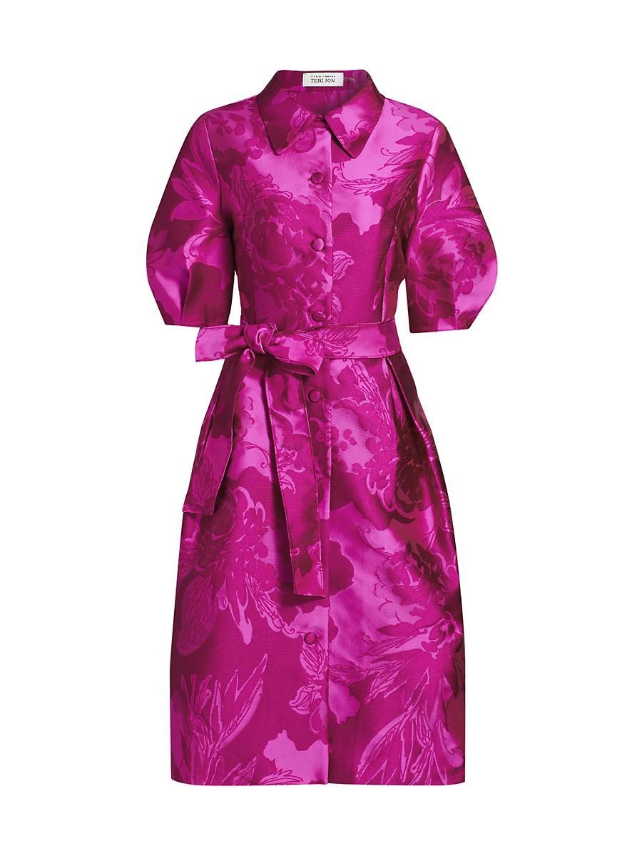 Womens Floral Jacquard Balloon-Sleeve Midi-Shirtdress Product Image