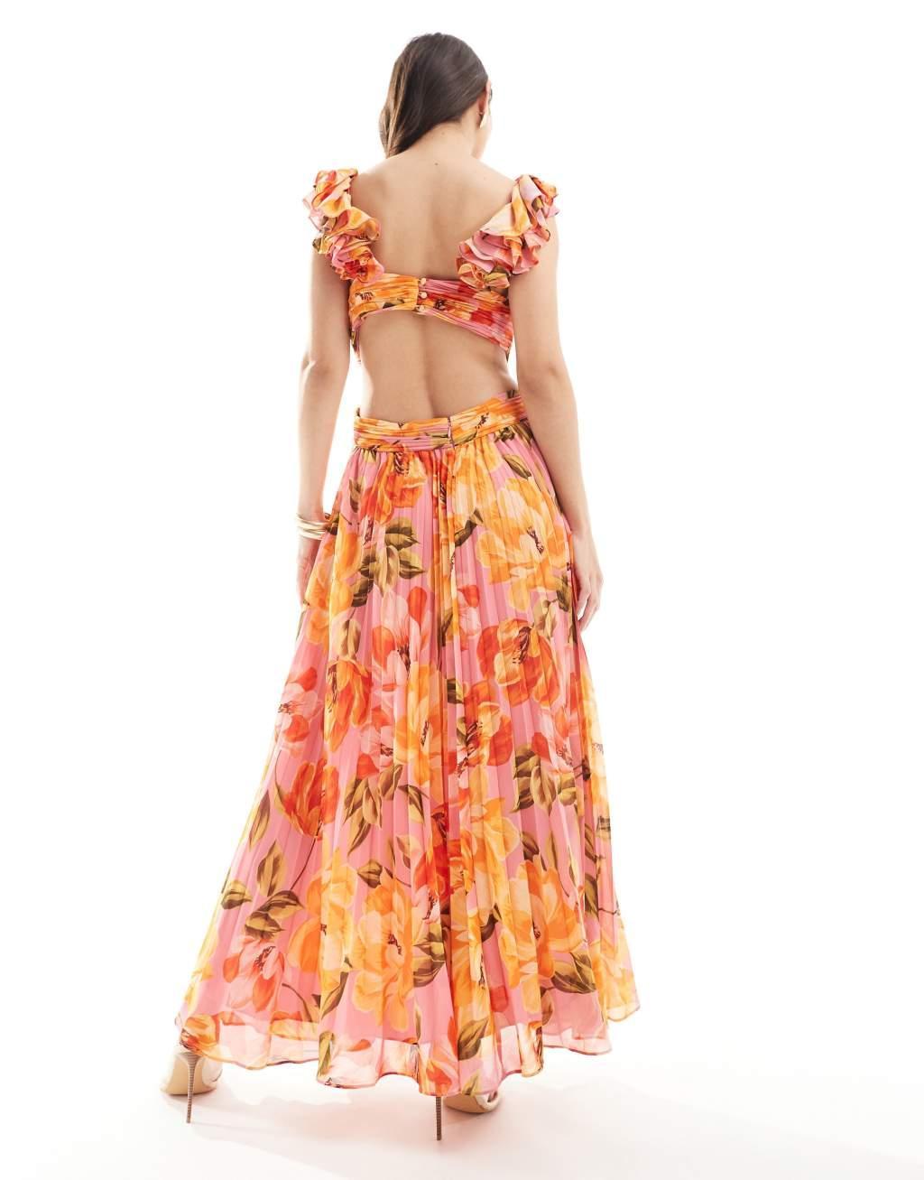 Ever New cut-out plisse maxi dress in orange and pink floral Product Image