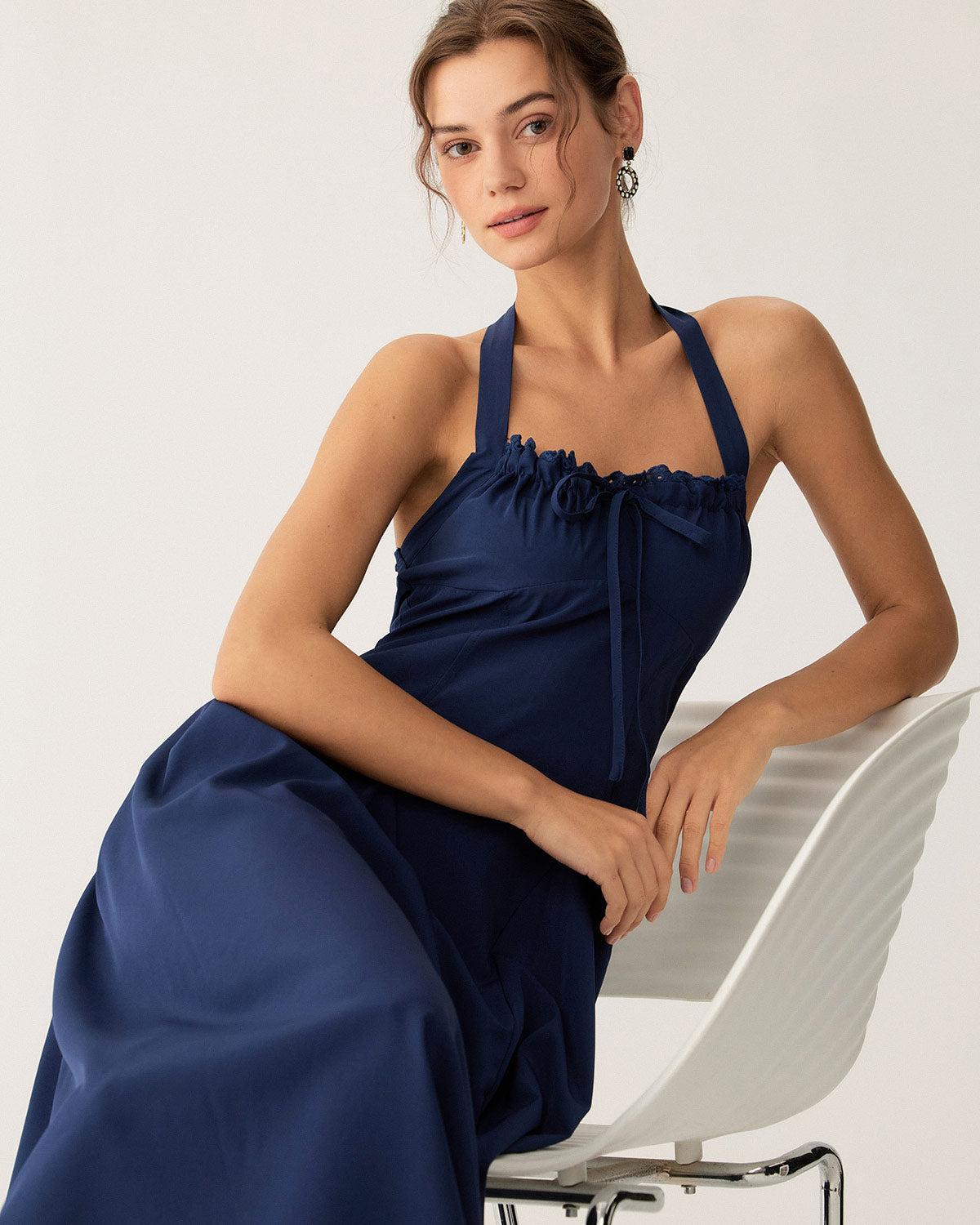 Navy Ruched Halter Midi Dress Product Image