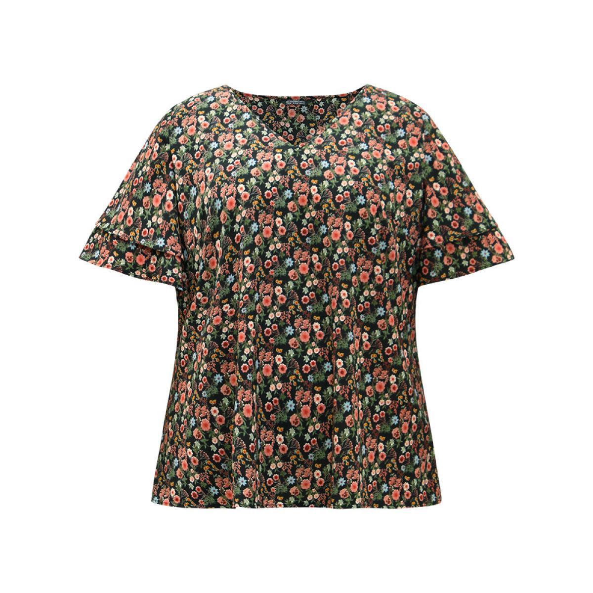 Plus Size BlackFlower Floral Print Layered Ruffle Sleeve Blouse Women Elegant Short sleeve V-neck Dailywear Blouses BloomChic 18-20/2X Product Image