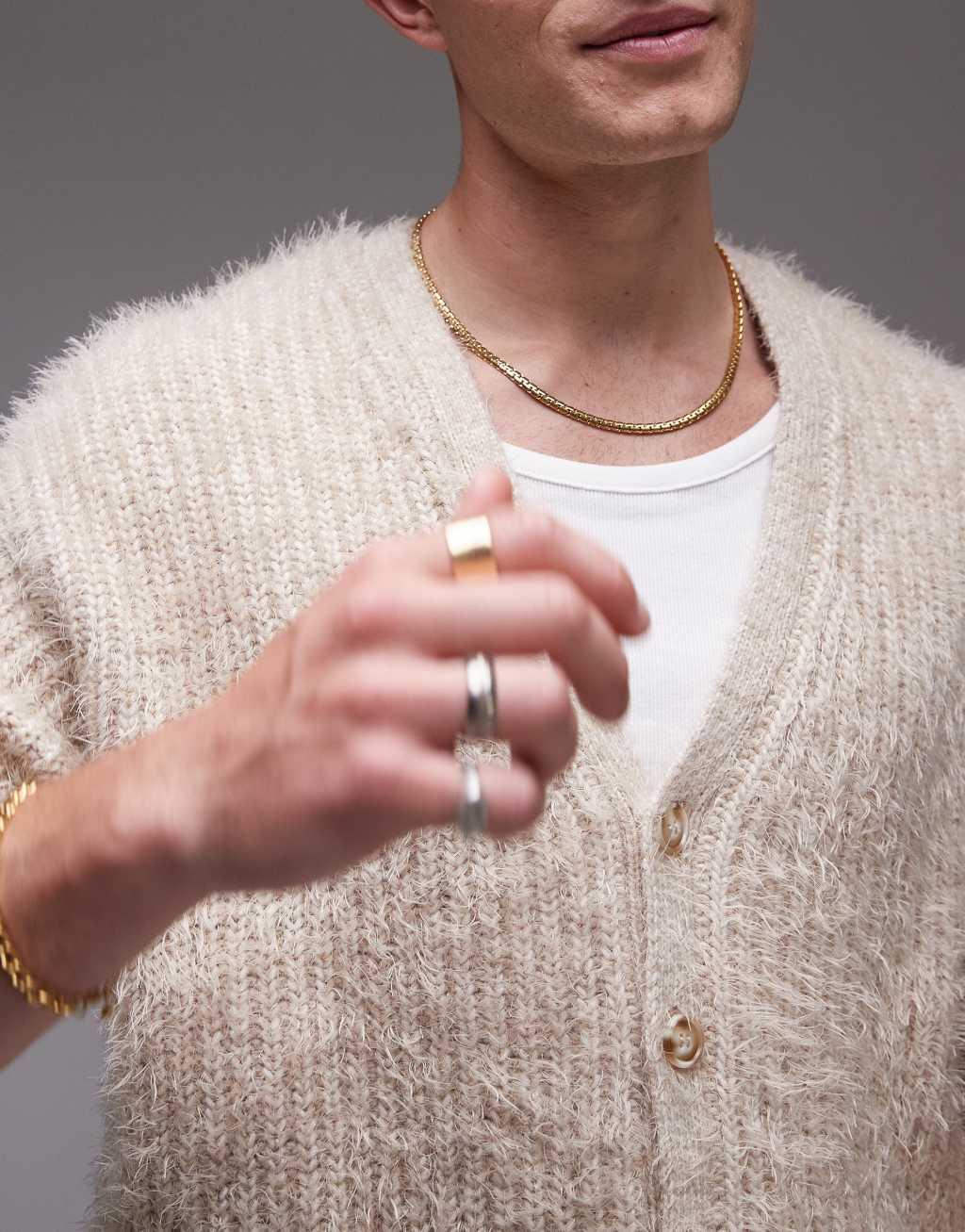 Topman relaxed fit fluffy cardigan in ecru Product Image