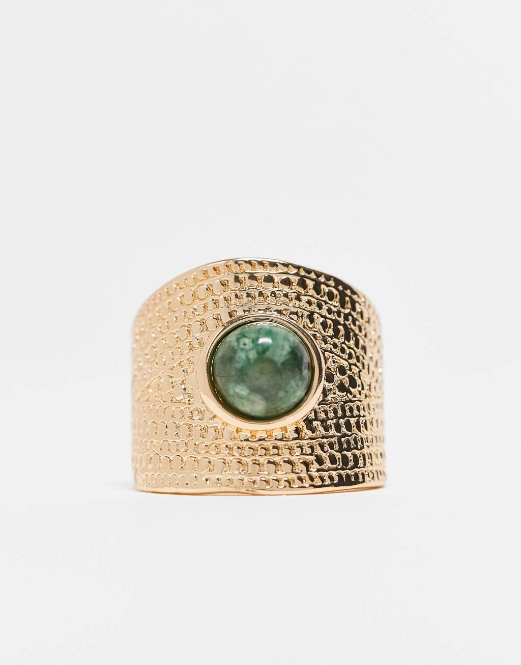 ASOS DESIGN ring with real malachite semi precious stone and wide band in gold tone Product Image