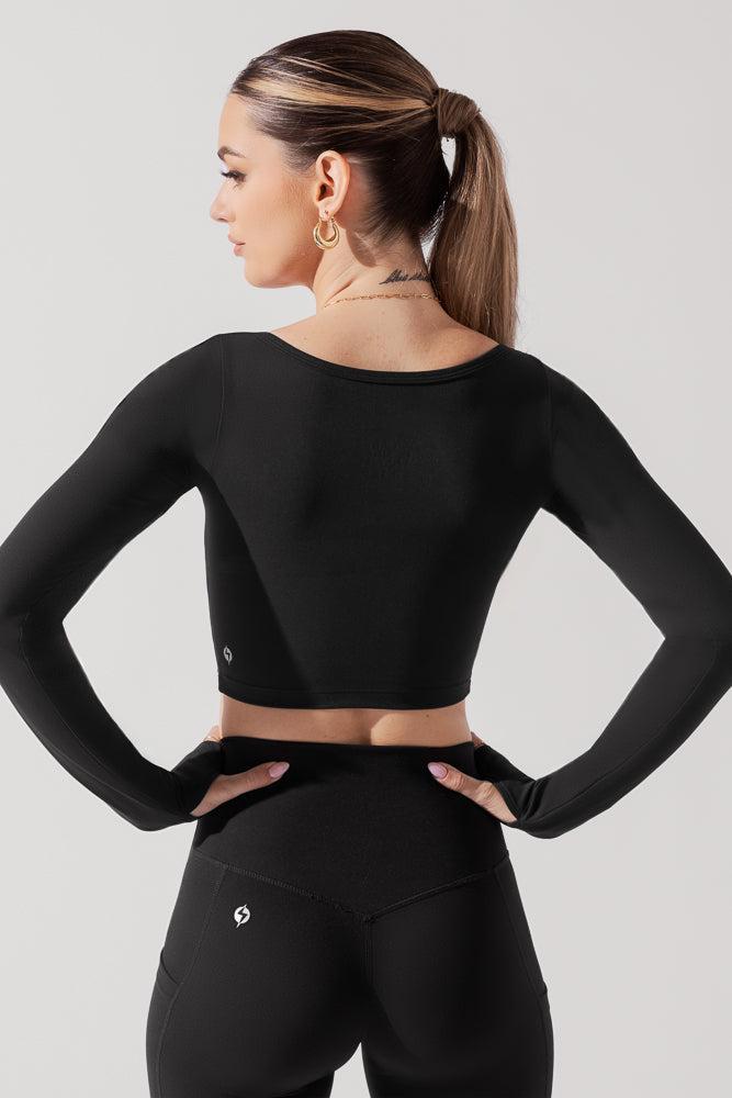 Sweetheart Long Sleeve Crop Top - Black Product Image