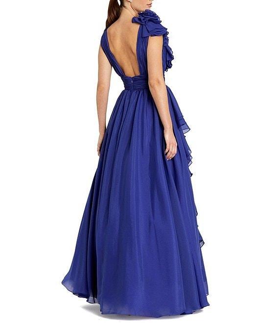Mac Duggal Deep V-Neck Sleeveless Ruffled Shoulder Ball Gown Product Image
