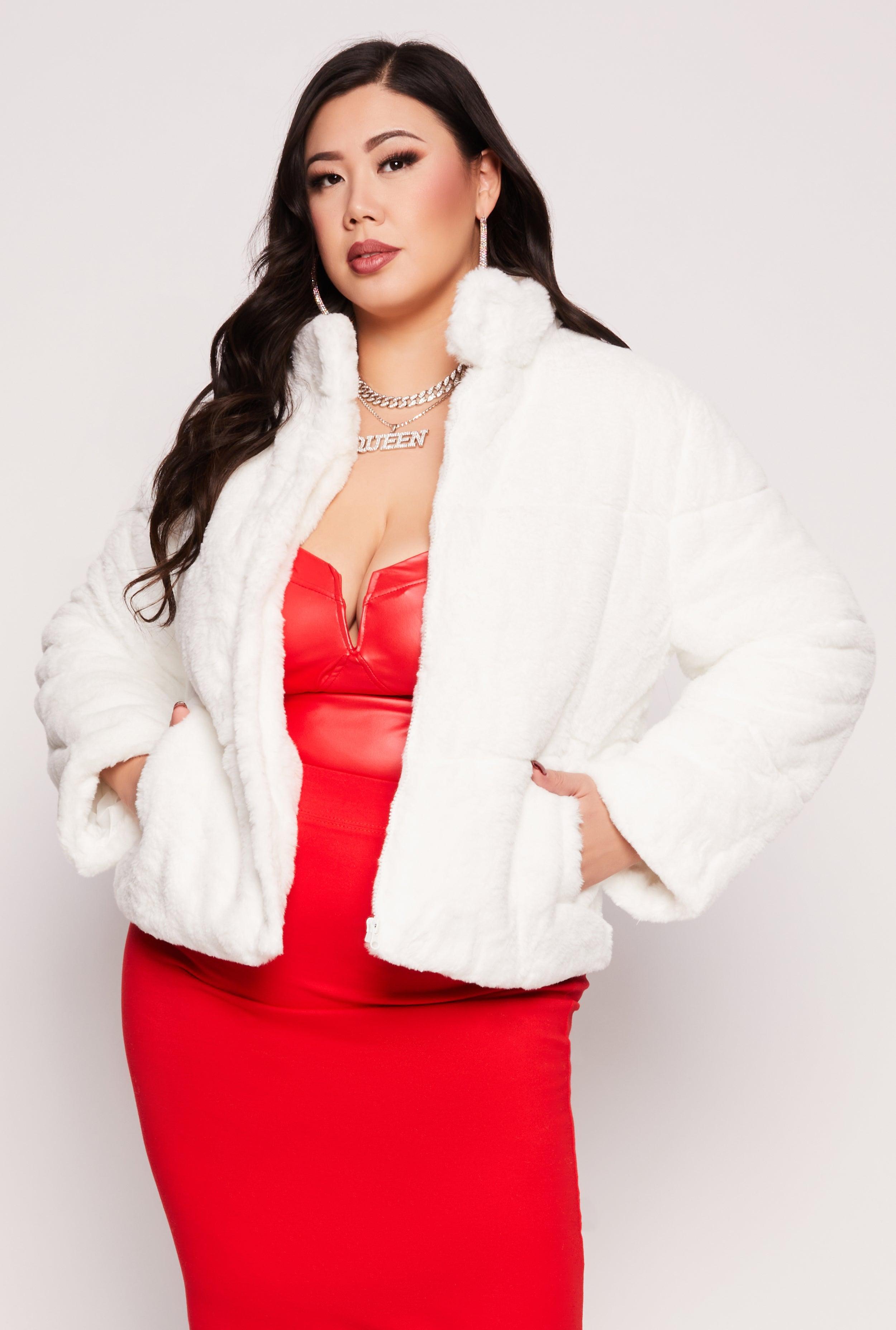 Womens Plus Size Faux Fur Zip Front Jacket Product Image