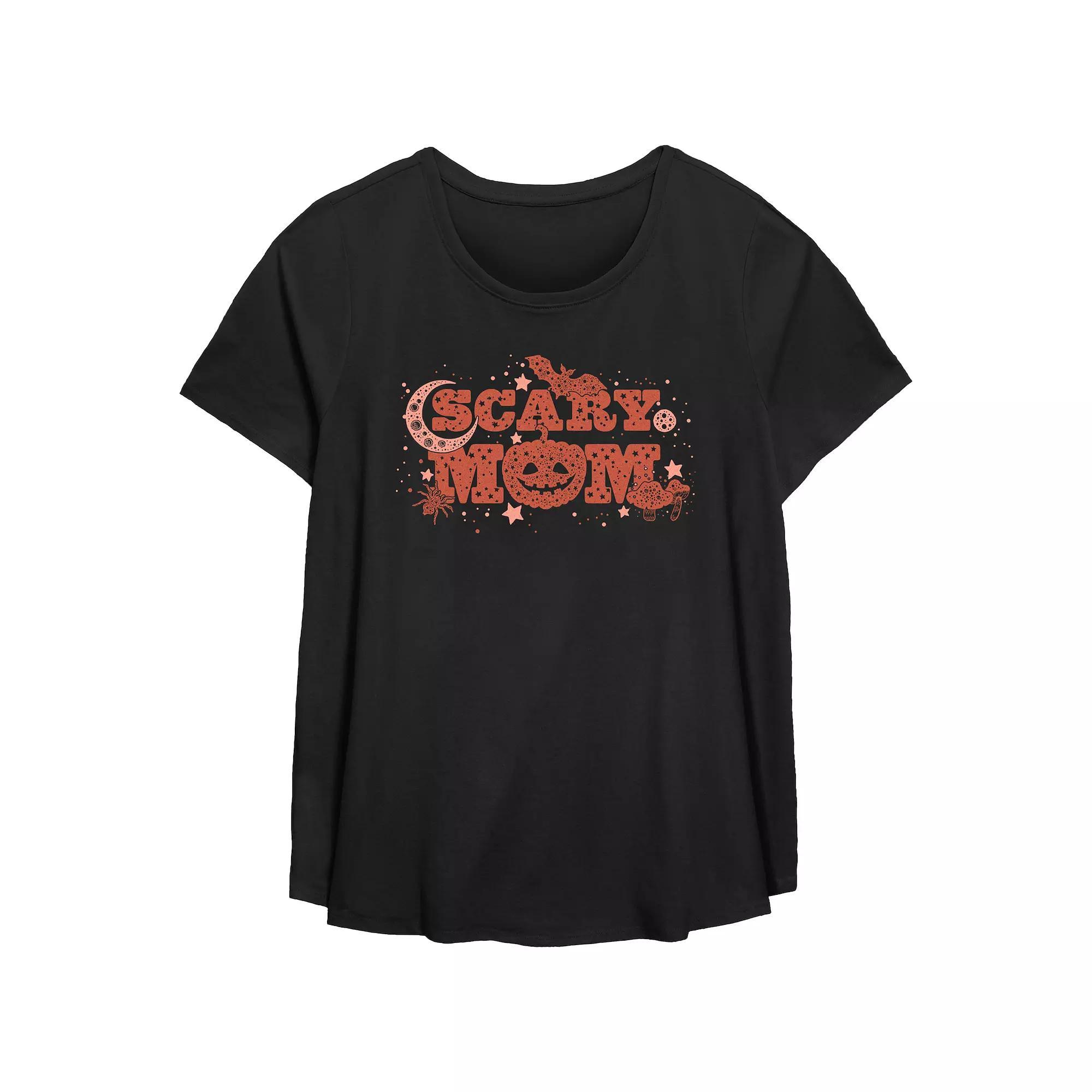Women's Plus Size Scary Mom Scoop Hem Flowy Graphic Tee, Size: 1XL, Black Product Image