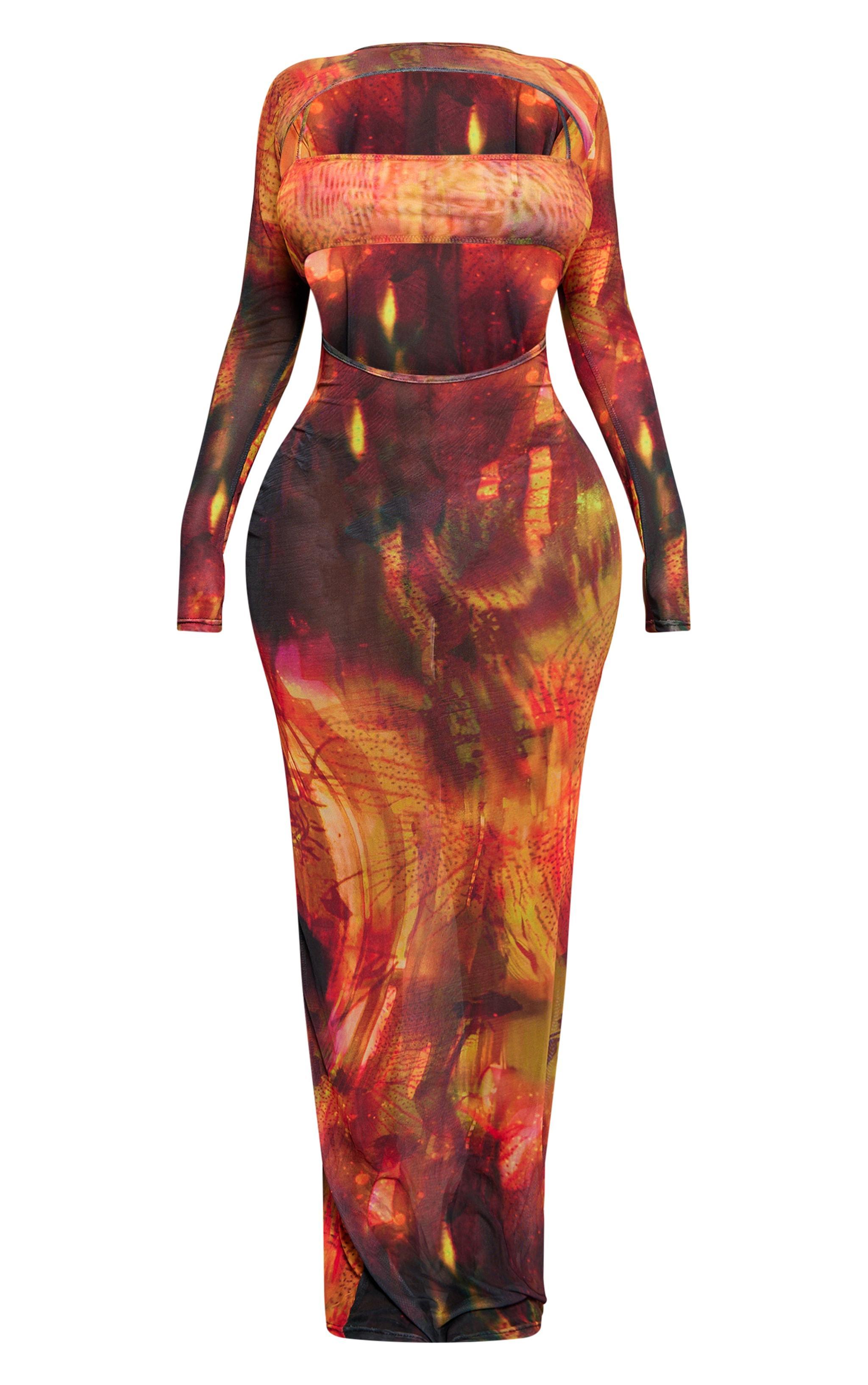 Shape Orange Printed Mesh Open Maxi Dress With Bralet Insert Product Image