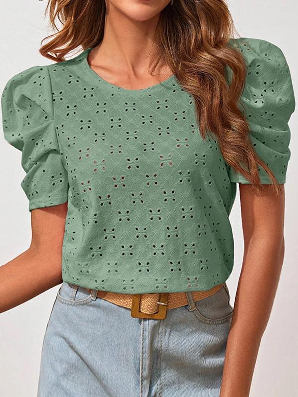 Loose Short Sleeves Hollow Pleated Solid Color Round-Neck T-Shirts Tops Product Image