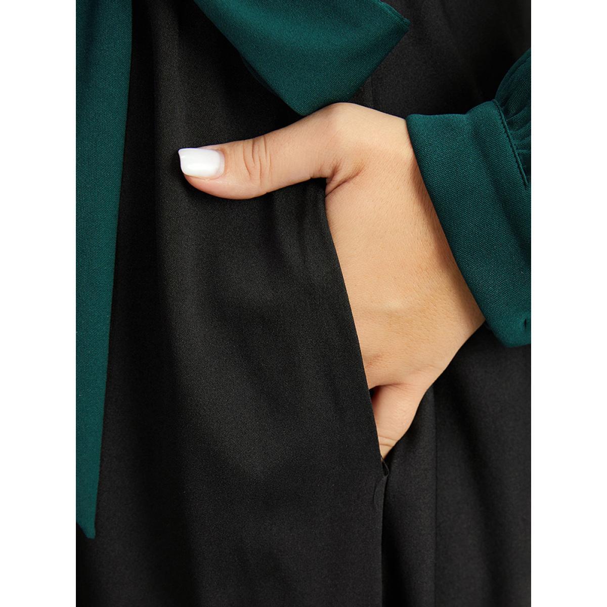 Plus Size Contrast Patchwork Bowknot Overlap Collar Dress DarkGreen Women Elegant Belted V-neck Long Sleeve Curvy Midi Dress BloomChic 14-16/1X Product Image