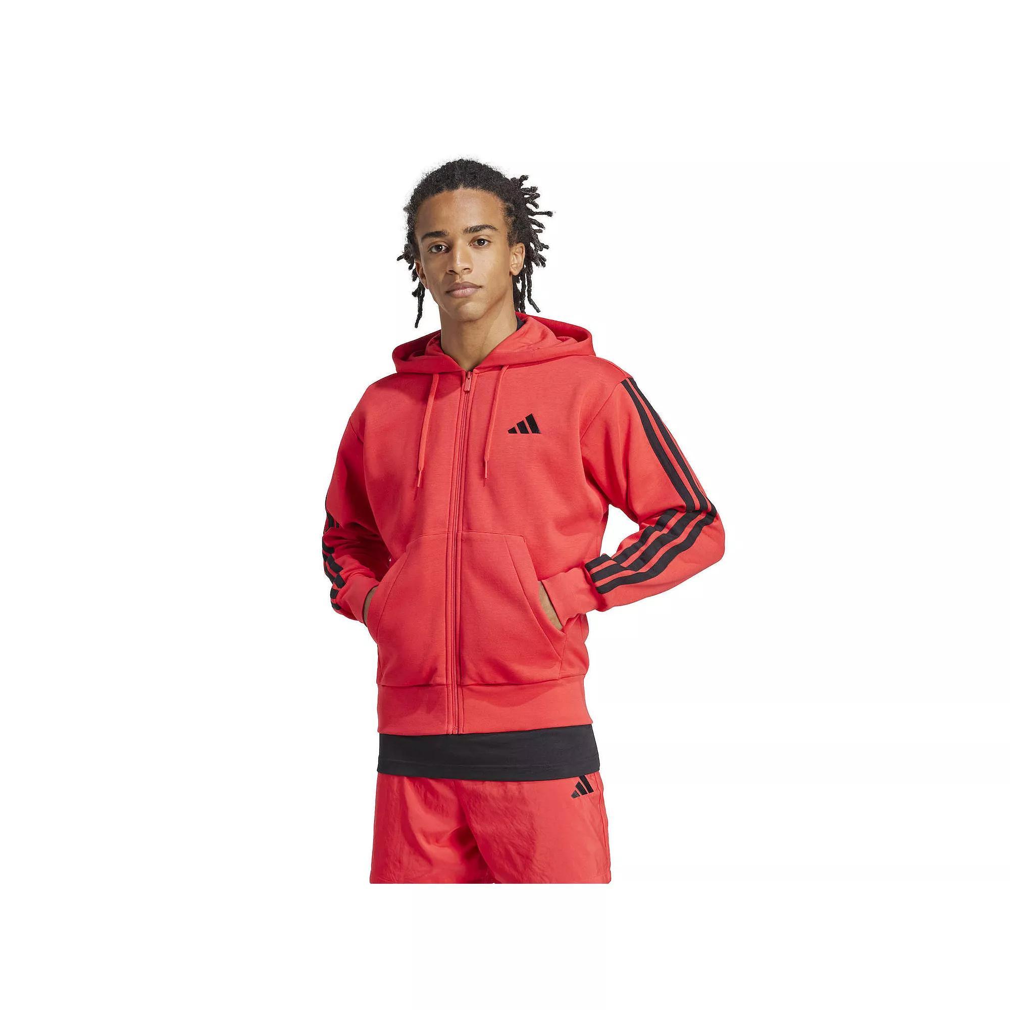 Men's adidas Essentials 3-Stripes Fleece Sportswear Zip Front Hoodie, Size: Small, Pure Ruby Black Product Image