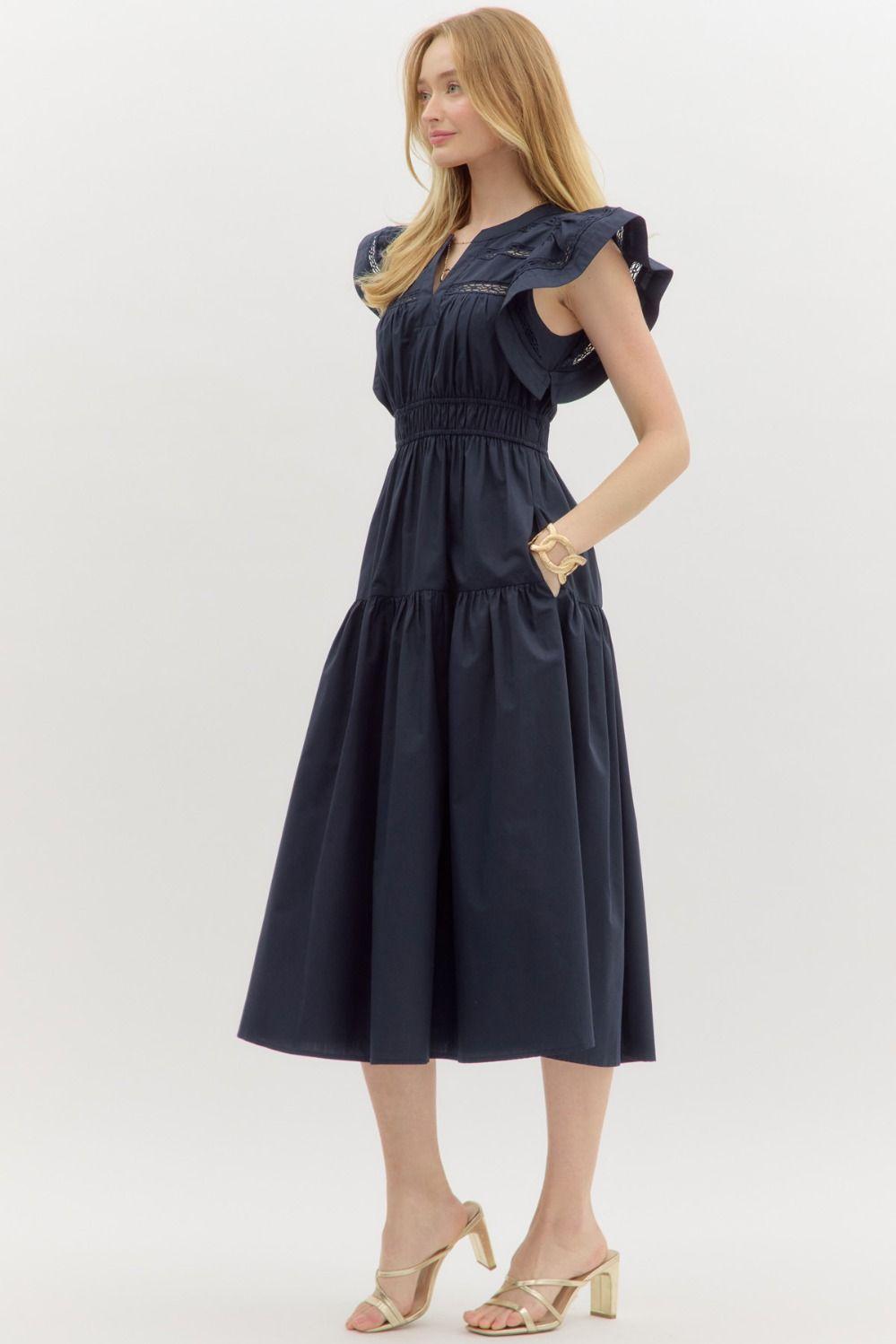 Navy Flutter Sleeve Dress Product Image