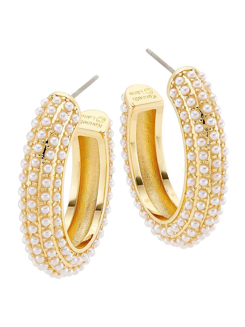 Womens 14K Gold-Plated & Faux Pearl Hoop Earrings Product Image