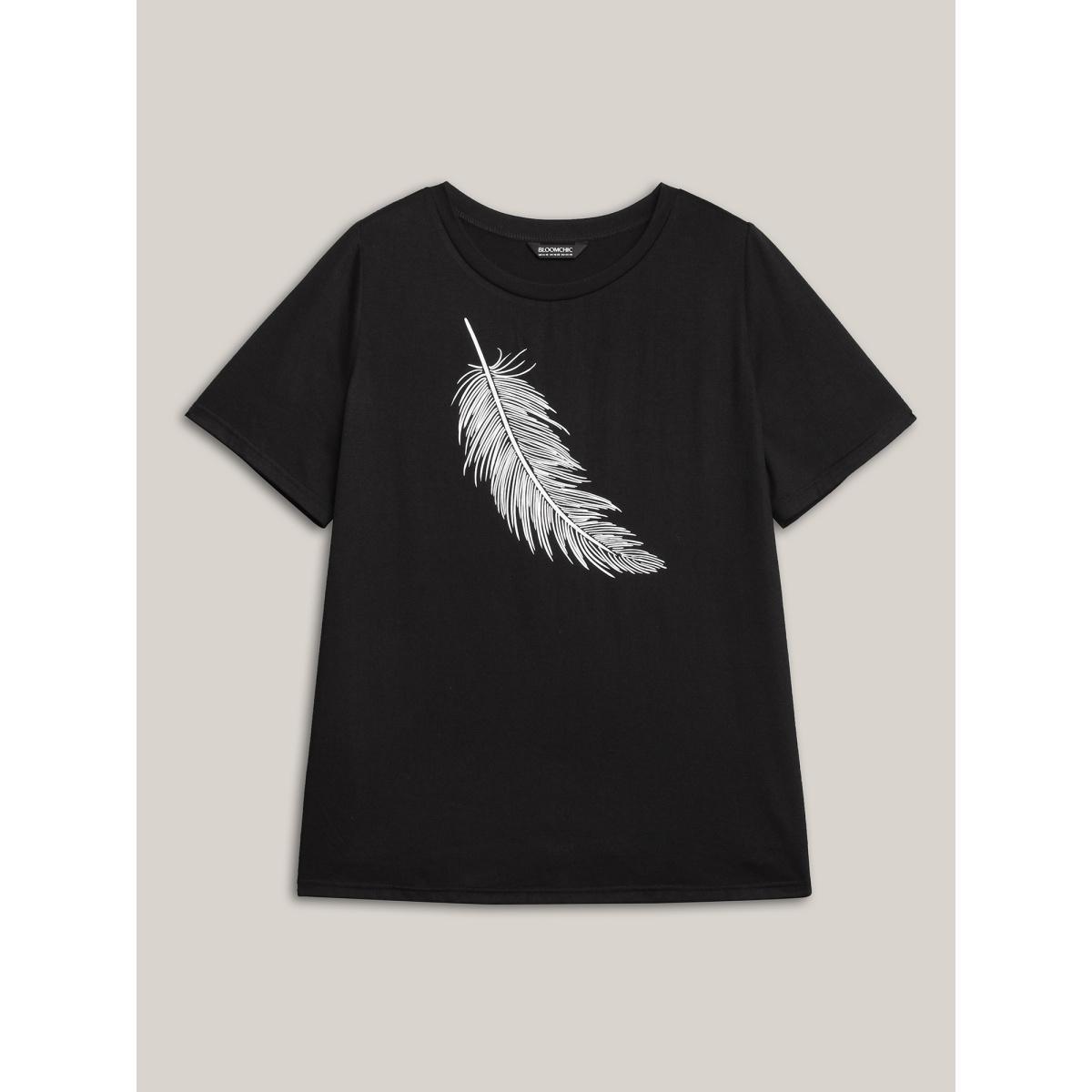 Plus Size Stretchy Feather Print Round Neck T-Shirt Black Women Casual Non Art&design Round Neck Everyday T-shirts BloomChic 22-24/3X Product Image