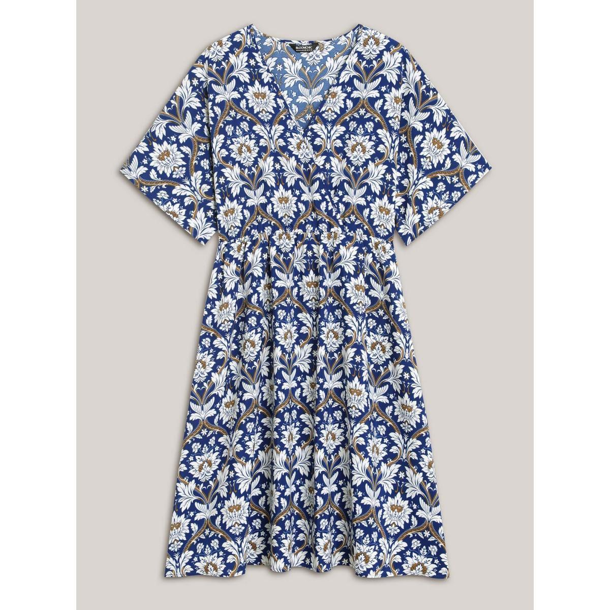 Plus Size Boho Print Shirred Surplice Neck Midi Dress DarkBlue Women Resort Non Overlap Collar Half Sleeve Curvy BloomChic 12/L Product Image