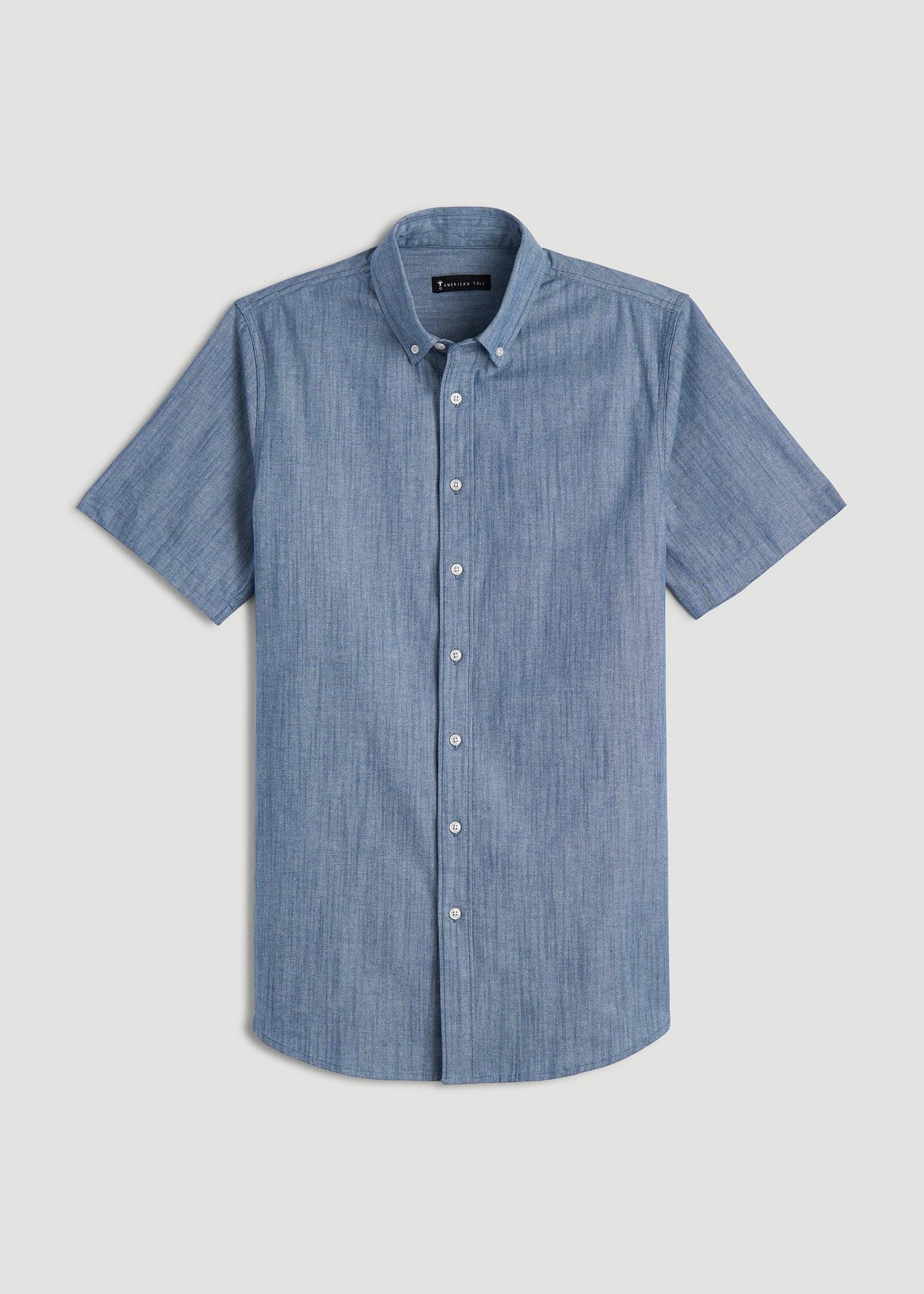 Short Sleeve Stretch Chambray Shirt for Tall Men in Medium Blue Chambray Male Product Image