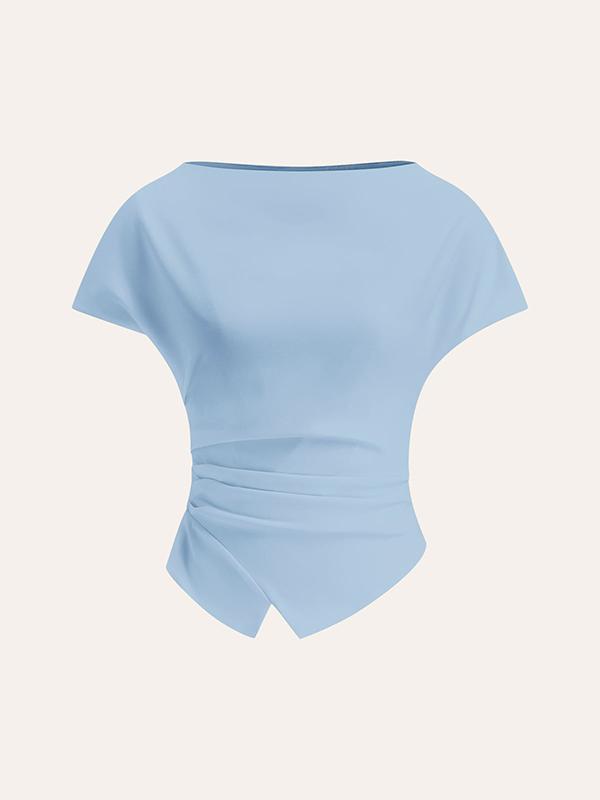Loose Raglan Sleeve Asymmetric Pleated Solid Color Split-Joint Round-Neck T-Shirts Product Image