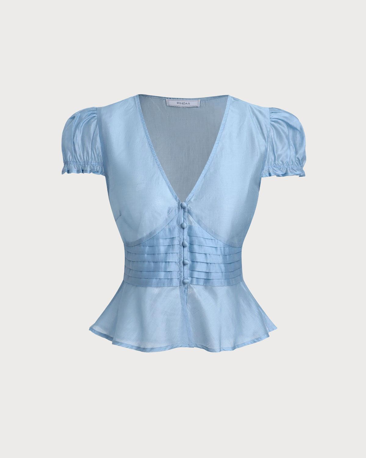 Blue Deep V Neck Short Sleeve Blouse Product Image