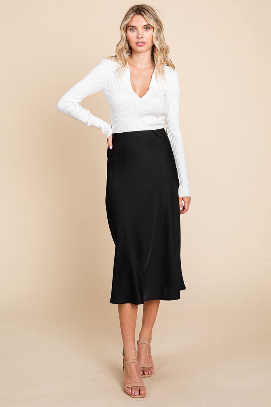 High Waist Satin A Line Midi Skirt Product Image