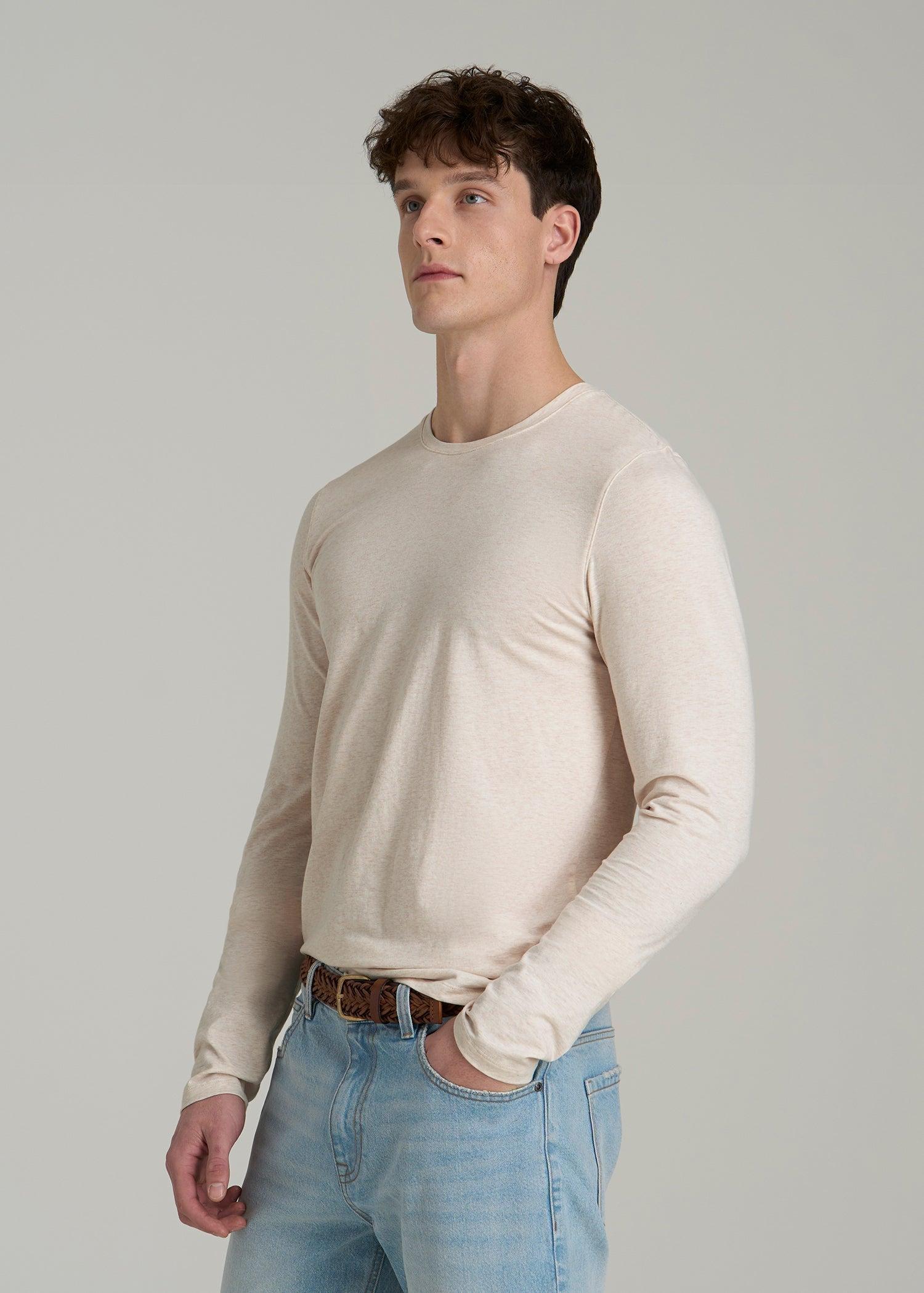 The Essential Modern Fit Crewneck Long Sleeve Tee for Tall Men in Heathered Oatmeal Male Product Image