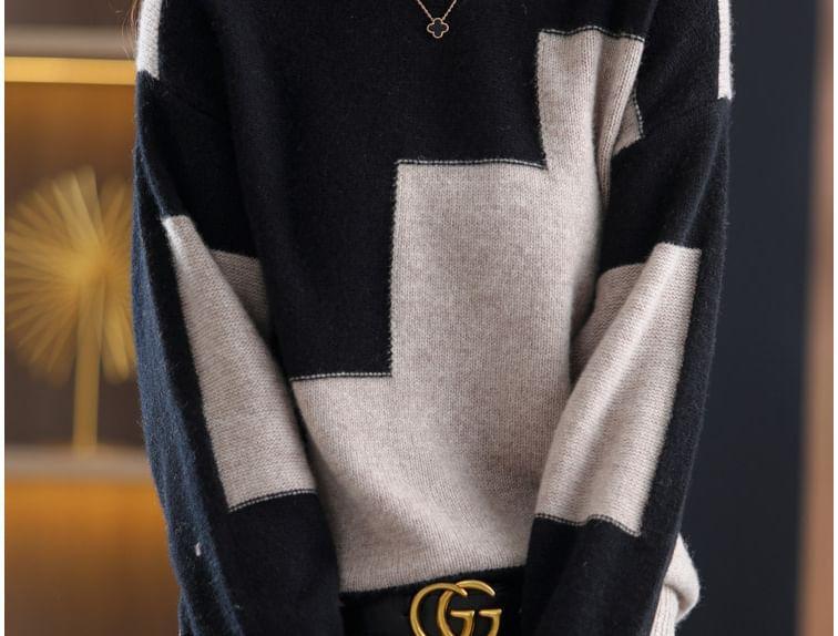 Round Neck Drop Shoulder Two Tone Sweater Product Image